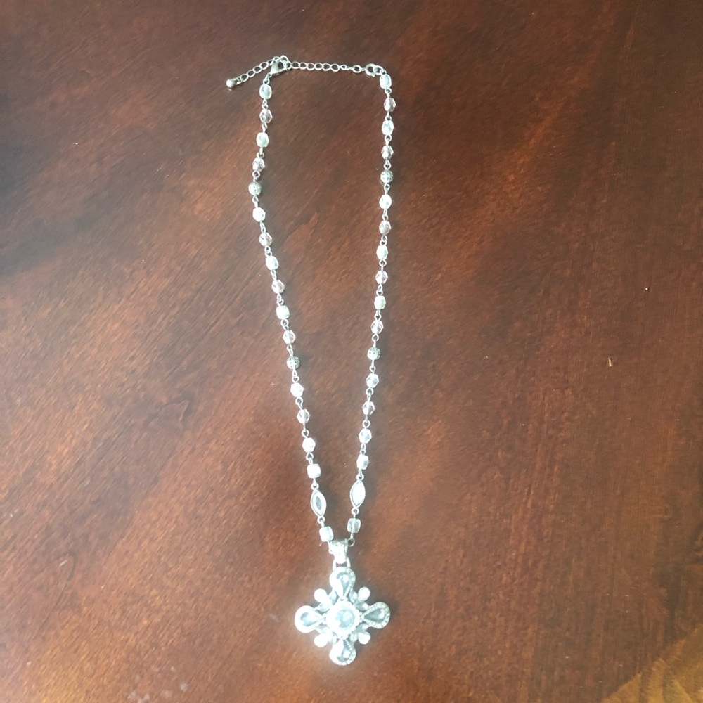 Vintage Victorian revival silver tone cross necklace